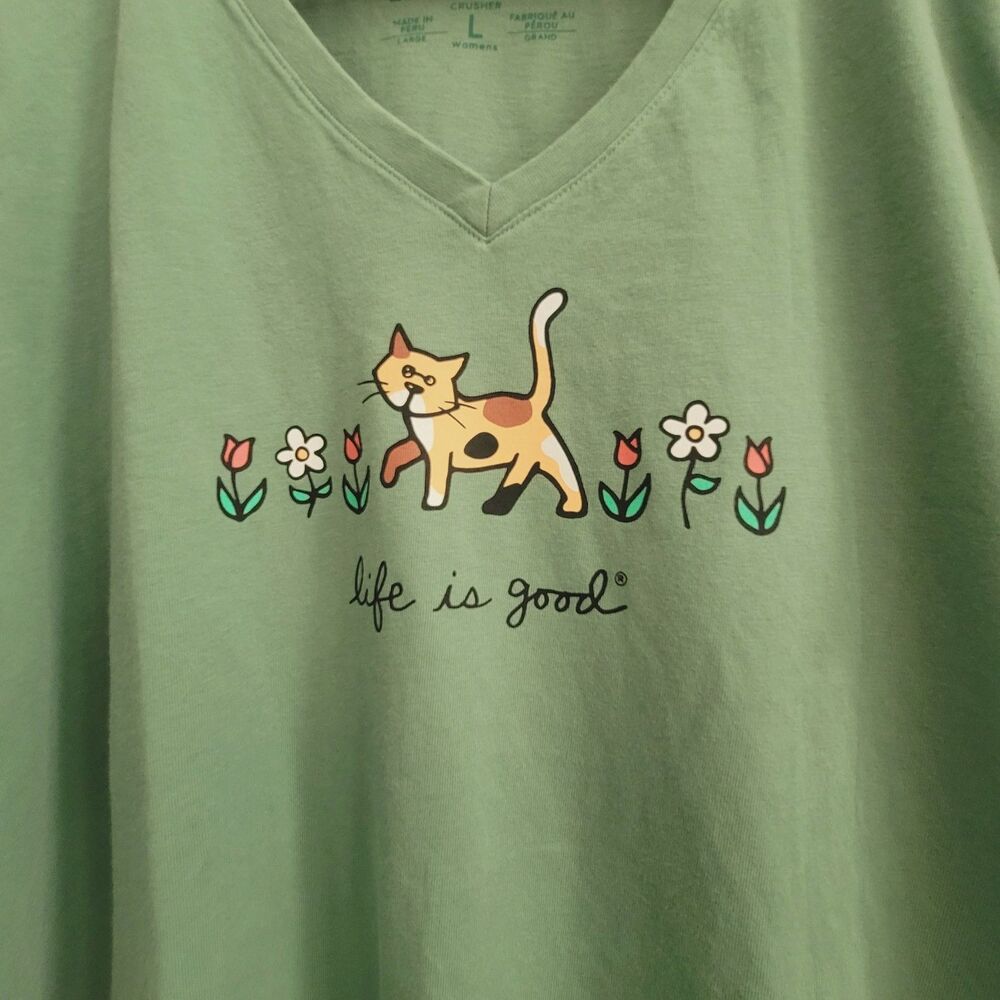 NWOTLife is good Womens CAT Crusher Tee Green T-Shirt L Short Sleeve V-neck - Picture 4 of 12